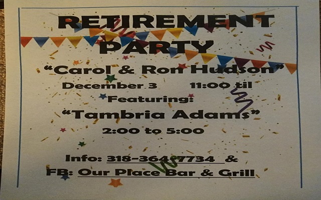 <h1 class="tribe-events-single-event-title">Tambria Adams & the Carol & Ron Hudson retirement party @ Our Place Bar & Grill (Lake Bistineau, La)</h1>