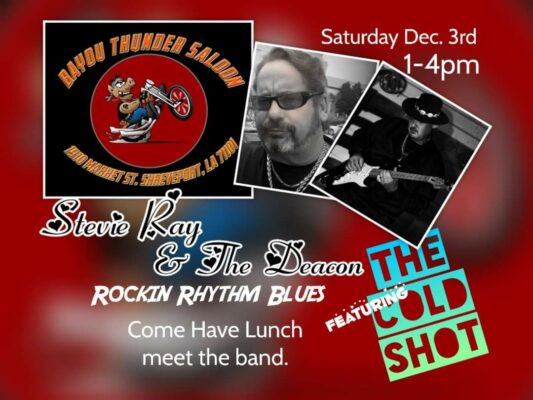 <h1 class="tribe-events-single-event-title">Lunch rock show w/ Stevie Ray & The Deacon + The Cold Shot band @ Bayou Thunder Saloon (Shreveport, La)</h1>