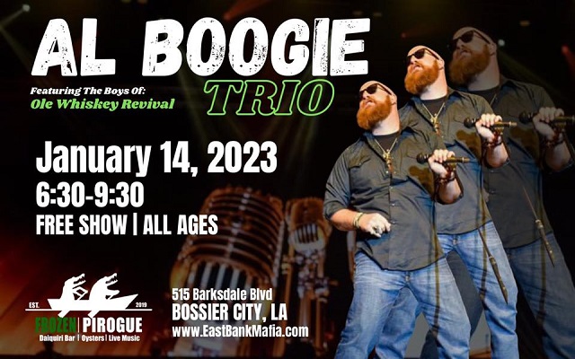 <h1 class="tribe-events-single-event-title">Al Boogie Trio @ Frozen Pirogue (Bossier East Bank District, La)</h1>