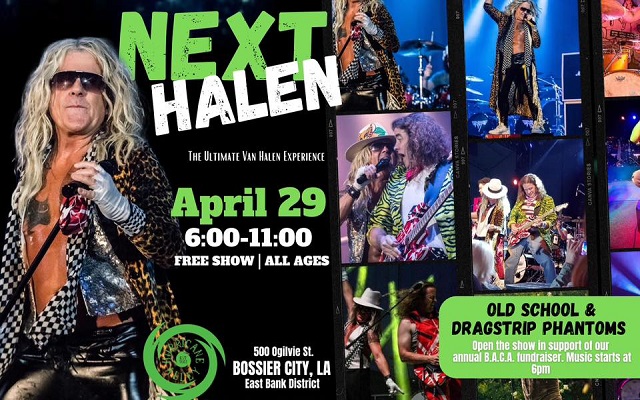 <h1 class="tribe-events-single-event-title">Next Halen (Van Halen Tribute), Dragstrip Phantoms & Old School band @ Hurricane Alley (Bossier City, LA)</h1>