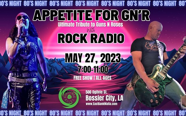 <h1 class="tribe-events-single-event-title">Appetite For GN’R (Guns n Roses Tribute band) & Rock Radio band @ Hurricane Alley (Bossier City, LA)</h1>