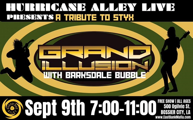 <h1 class="tribe-events-single-event-title">Grand Illusion (Styx Tribute) w/ Barksdale Bubble @ Hurricane Alley (Bossier City, LA)</h1>