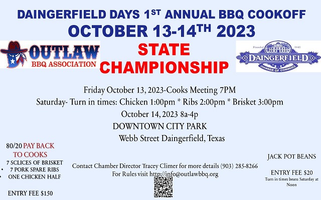 <h1 class="tribe-events-single-event-title">1st annual Daingerfield Days BBQ Cookoff @ Downtown City Park (Dangerfield, TX)</h1>
