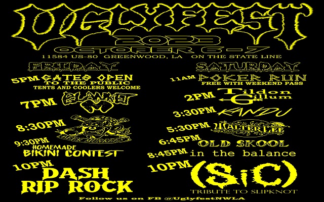 <h1 class="tribe-events-single-event-title">UGLYFEST 2023 w/ Dash Riprock, Sic (Slipknot tribute) & more bands in Greenwood (LA)</h1>
