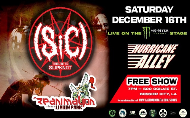 <h1 class="tribe-events-single-event-title">SIC (tribute to Slipknot) & Reanimation (tribute to Linkin Park) @ Hurricane Alley (Bossier City, LA)</h1>