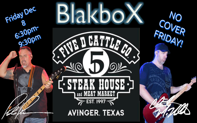 <h1 class="tribe-events-single-event-title">BlakboX at Five D Cattle Co. Steakhouse (Avinger, TX)</h1>