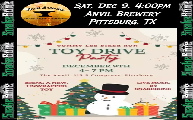 <h1 class="tribe-events-single-event-title">SnakeBone @ Tommy Lee Biker Run Annual Toy Drive Party @ Anvil Brewing (Pittsburg, TX)</h1>