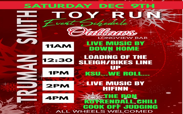 <h1 class="tribe-events-single-event-title">Truman Smith Children’s Hospital Toy Run benefit w/ bands & chili cookoff @ Outlaws Bar (Longview, TX)</h1>