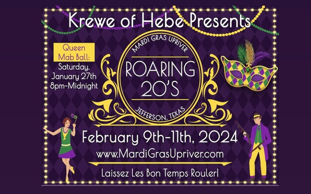 <h1 class="tribe-events-single-event-title">Krewe of Hebe Mardi Gras Upriver Roaring 20s Parade Weekend in Jefferson (TX)</h1>
