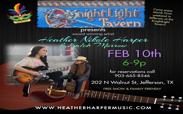 <h1 class="tribe-events-single-event-title">Heather Nikole Harper & Kaleb Morrow @ KnightLight Tavern Theater (Jefferson, TX)</h1>